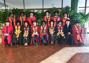 Ben Feringa between other Honorary Doctorate Degree recipients at the University of Johannesburg
