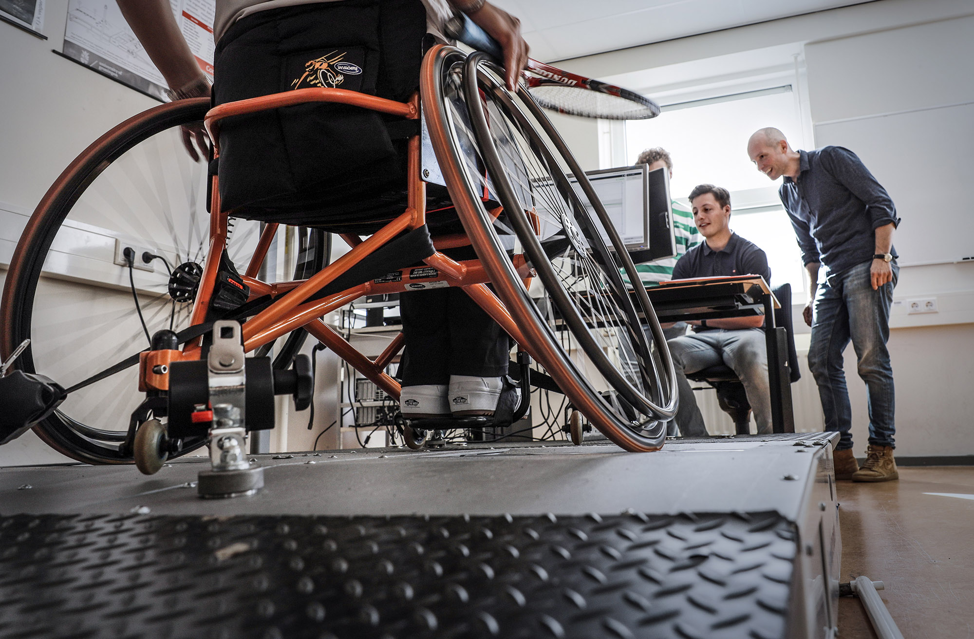 In the paralympic research lab, researchers are working on optimizing movement for wheelchair athletes.