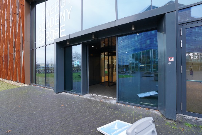 Main entrance to the building, upon entering revolving doors