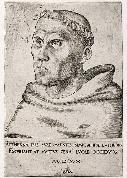 Gegraveerd portret Luther, door Lucas Cranach de Oudere