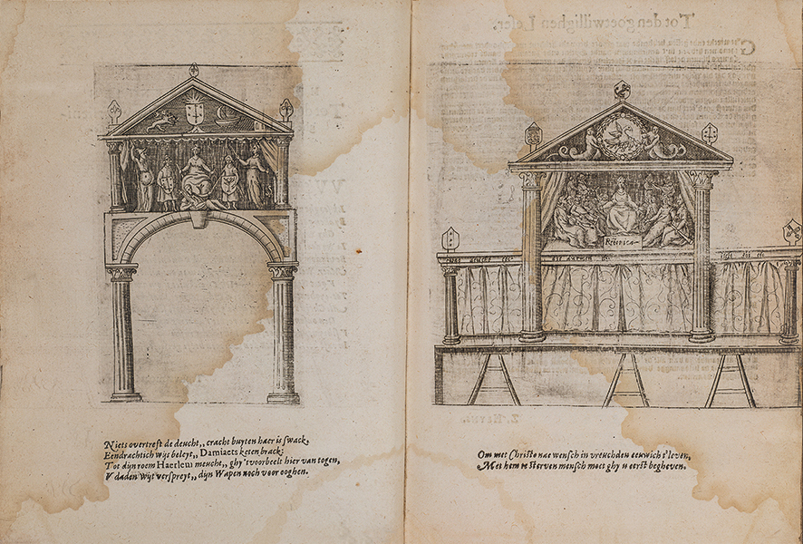Engravings of the triumphal arch (left) and the stage (right)