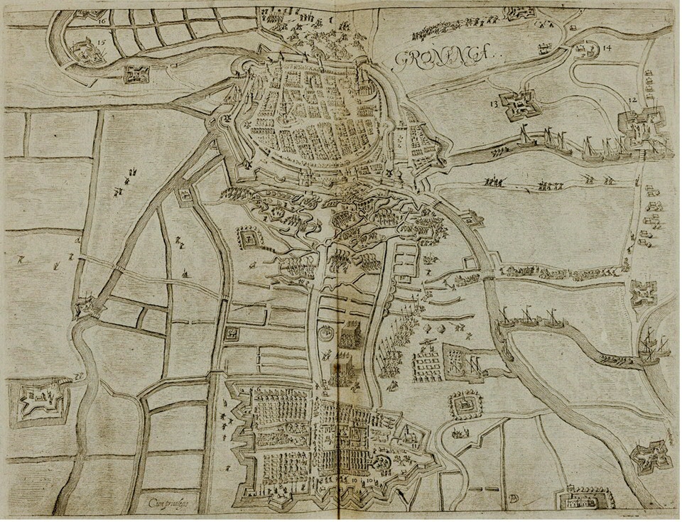 An illustration of the convent of Yesse (lower right) on a copper engraving of the siege of Groningen in 1594.