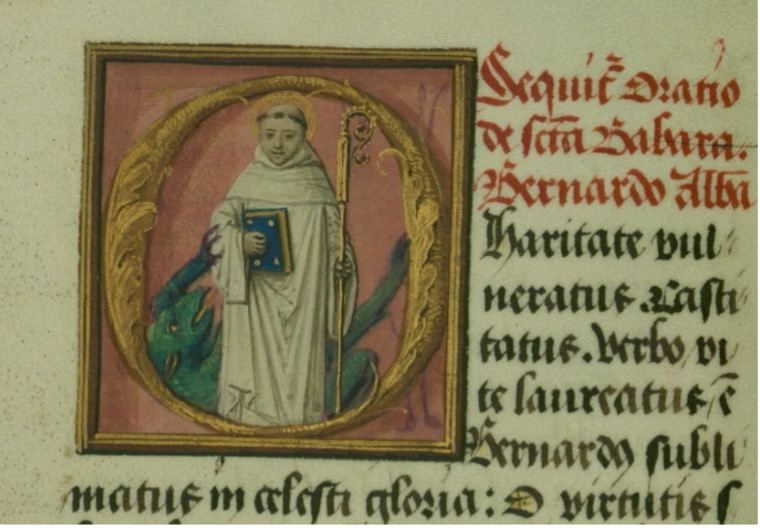 Bernardus vertrapt de duivel. Gehistoriseerde initiaal in een gebedenboek uit ca. 1500.