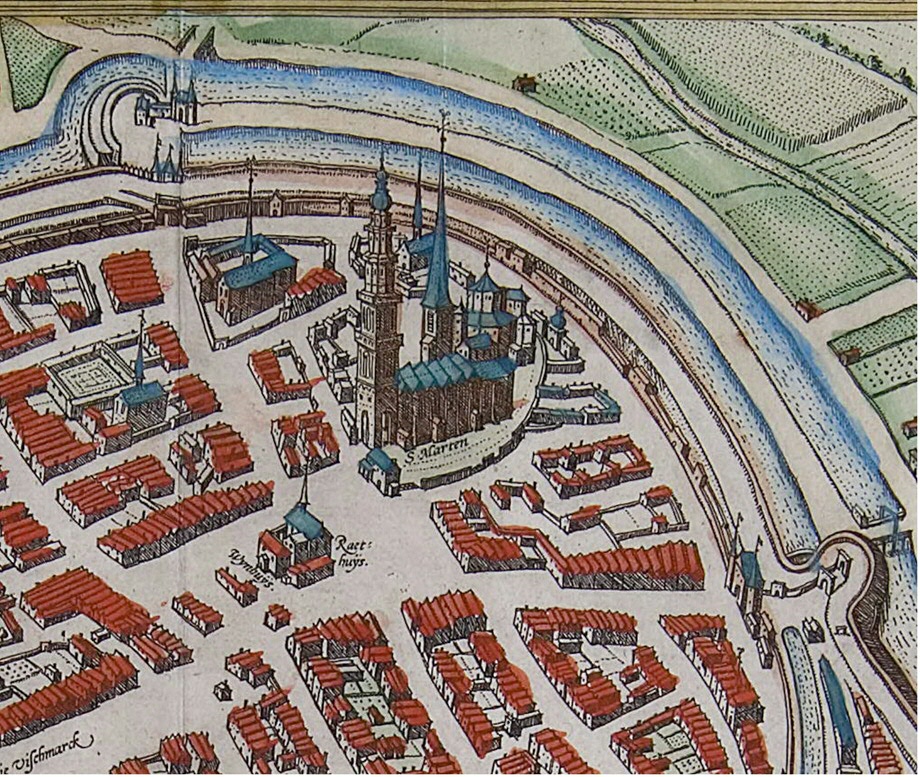Detail van een stadskaart van Groningen uit 1575 met de Walburgkerk rechtsachter de Martini. UBG uklu 01-13-06