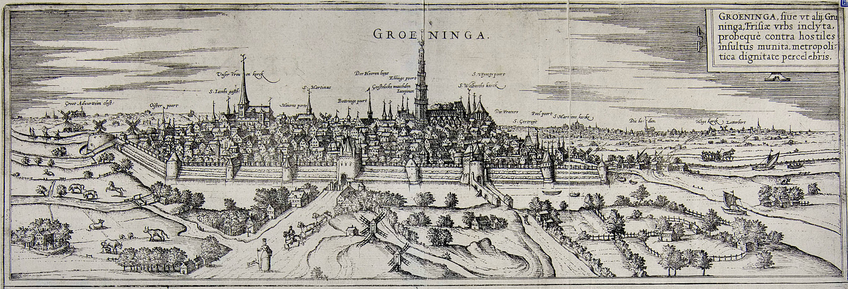 Groeninga sive, ut alii, Gruninga Frisiae urbs = Groeningen ofwel, zoals anderen (zeggen), Gruningen stad in Friesland. Gravure van Georg Braun, ca. 1576. UBG uklu 01-13-10