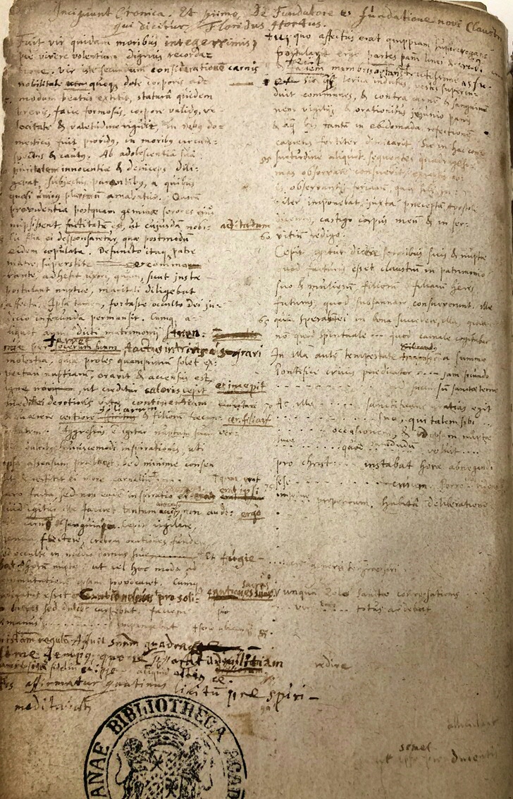 Kroniek van het klooster Bloemhof in Wittewierum eigenhandig geschreven door abt Menko. Dit is het schut-blad voorin. Hierop heeft Ubbo Emmius de tekst van de eerste bladzij overgeschreven. UBG HS 116.