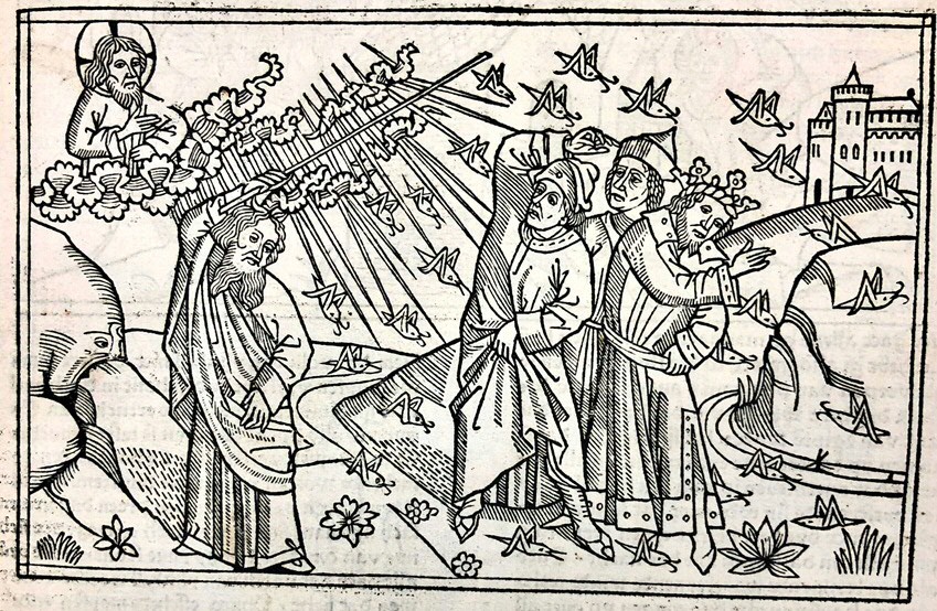 Keulse Bijbel, 1478. Houtsnede bij Exodus 10: de sprinkhanenplaag in Egypte. UBG INC 46