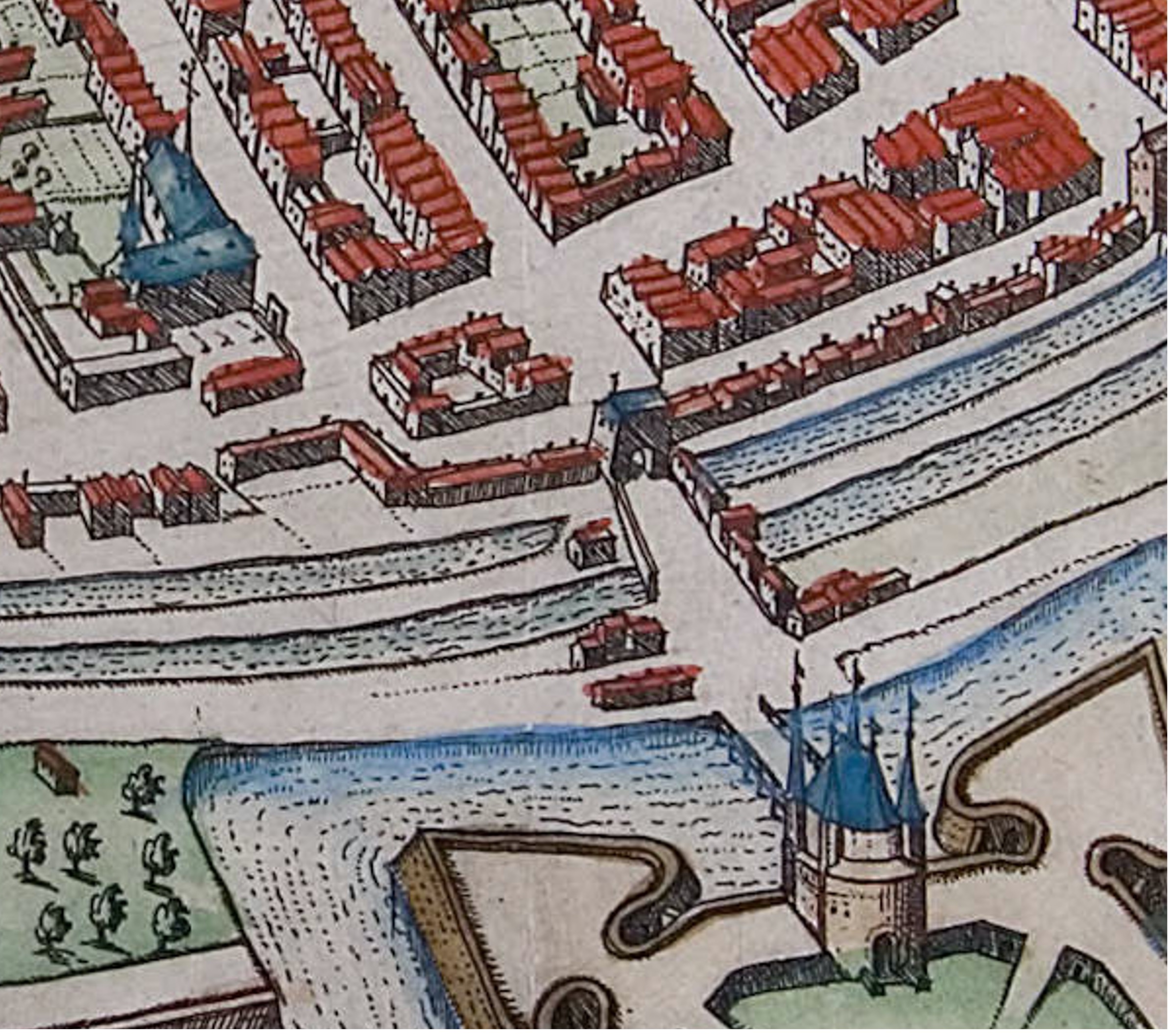 Detail of a map of Groningen from 1575. In the centre (small), the Herepoort on Zuiderdiep. One of the build-ings immediately to the north-west of the Herepoort would become the refugium of Yesse in 1589. UBG uklu 01-13-06