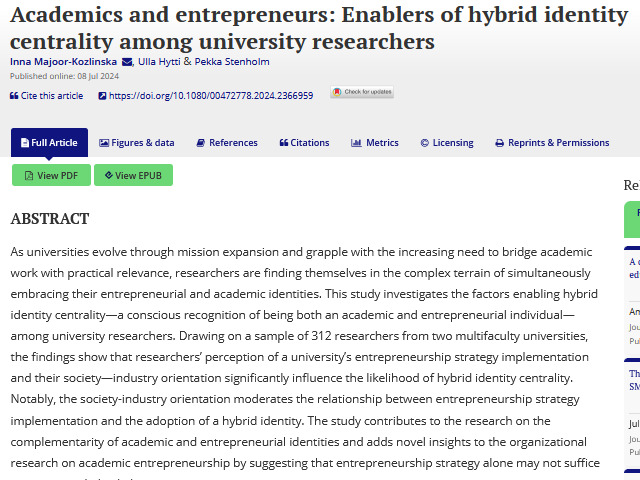 Academics and entrepreneurs: Enablers of hybrid identity centrality among university researchers