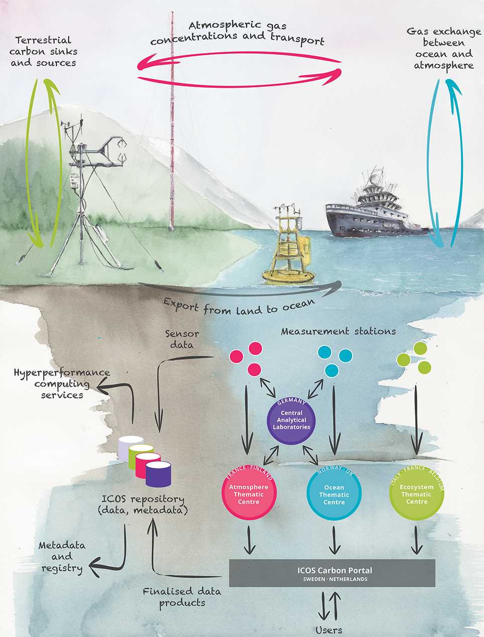 Schematic figure of the carbon cycle and related data collection process and user access to all the data via the Carbon Portal. The color coding links the areas of the biogeochemical carbon cycle to the respective stations and Thematic Centres. The green color indicates the exchange of carbon, GHGs and energy between the atmosphere and ecosystems (vertical arrows), the red color the atmospheric gas concentrations, chemistry and transport processes (horizontal arrows), and the blue color the ocean atmosphere gas exchange (vertical arrows), observed within the ICOS stations of respective domains.