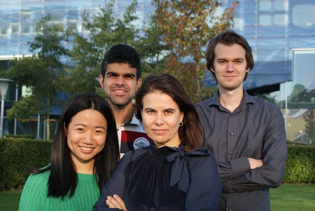 The "Hafnia team” within the Nanostructures of Functional Oxides group, Zernike Institute for Advanced Materials, University of Groningen. From left to right: Yingfen Wei, Pavan Nukala, Beatriz Noheda and Mart Salverda. | Photo Henk Bonder, University of Groningen